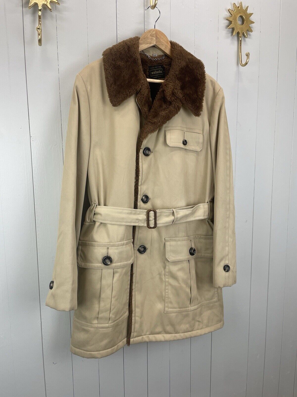 Vintage 70s Size XL 14-16 Beige Camel Shearling Lined Coat Wallachs