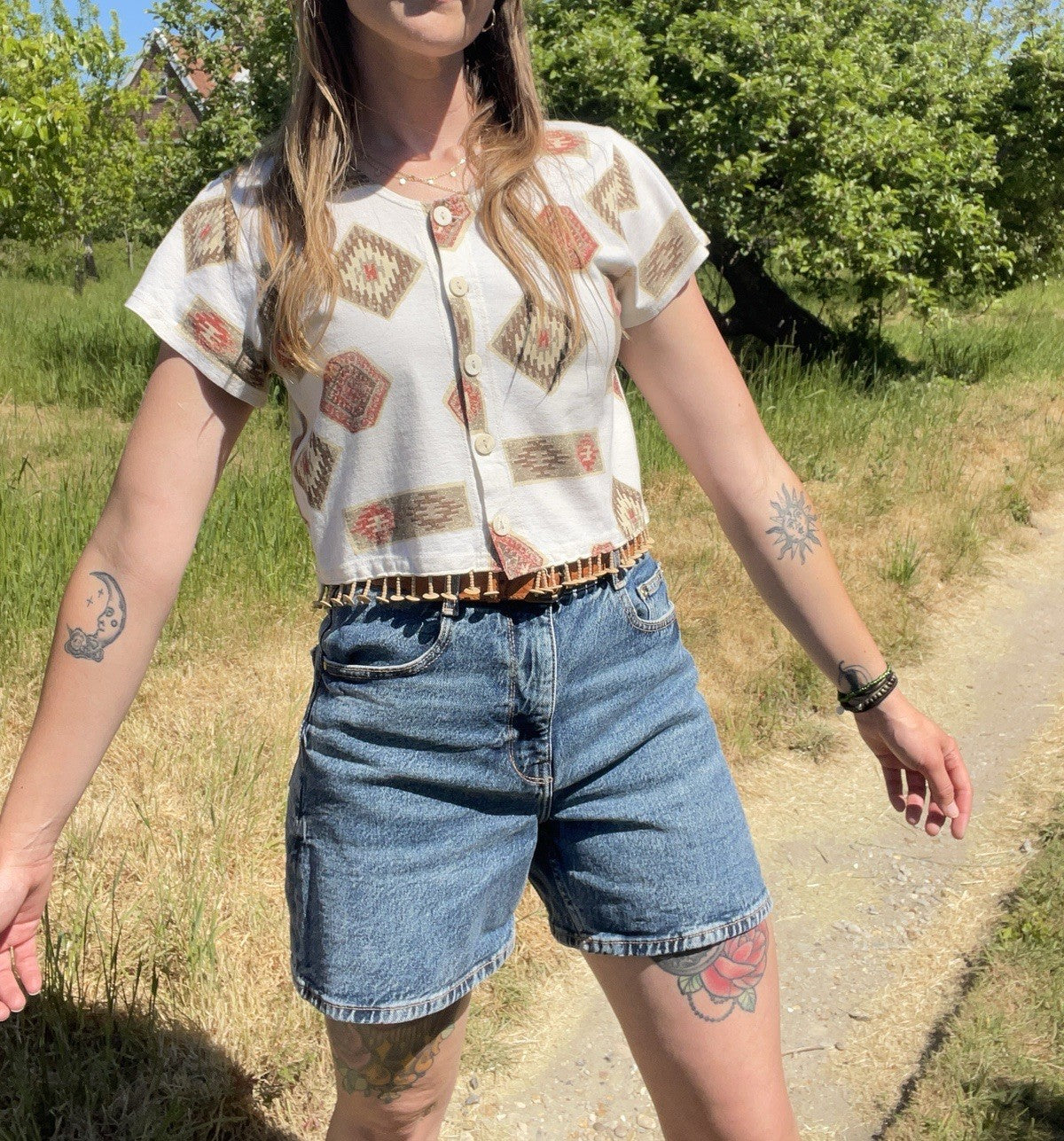 Vintage Size s 6-10 Boho Patterned Beaded Button Front Boxy Fit Top
