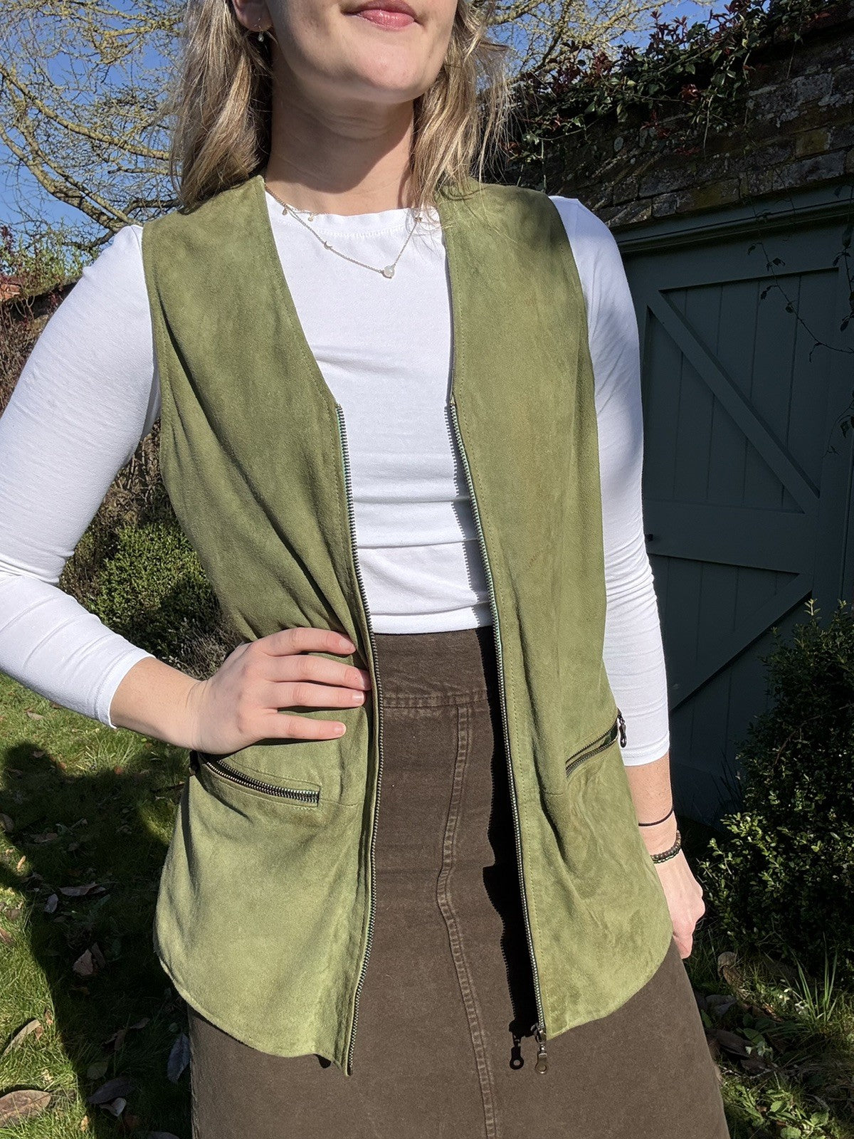 Vintage 70s Size XS 6-8 Light Moss Green Suede Zip Waistcoat Maddox