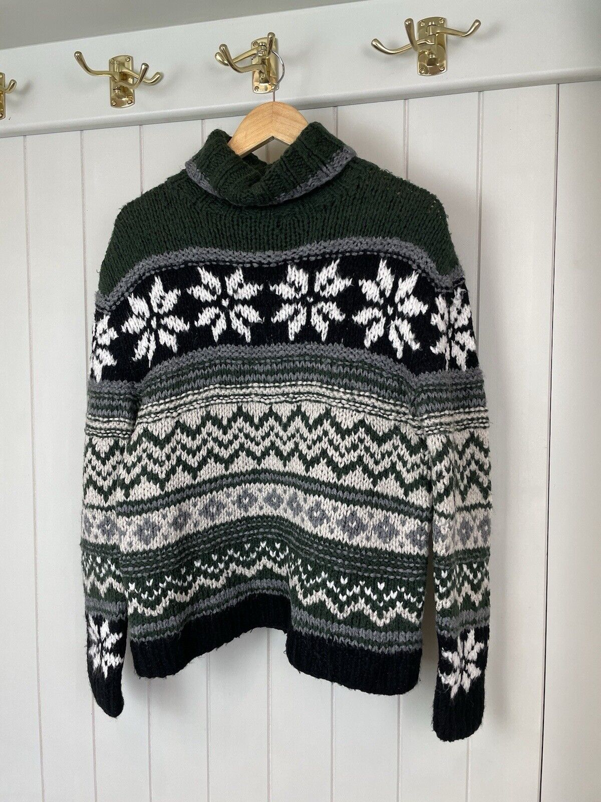 Vintage Size L 10-14 Dark Green Fair Isle Chunky Knit Roll Neck Jumper Tangents