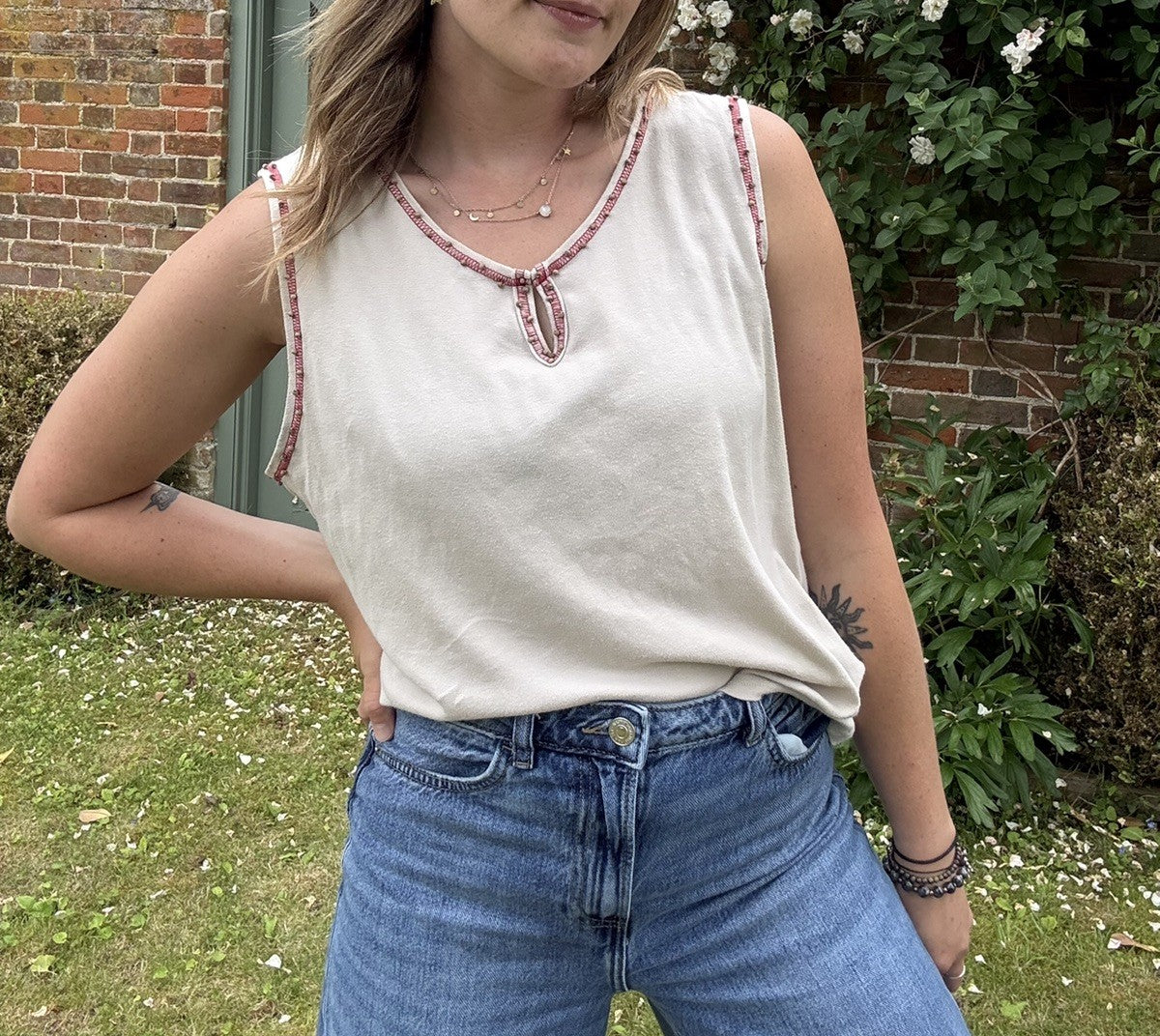 Vintage Size L 14-18 Ecru 100% Cotton Laura Ashley beaded tank top