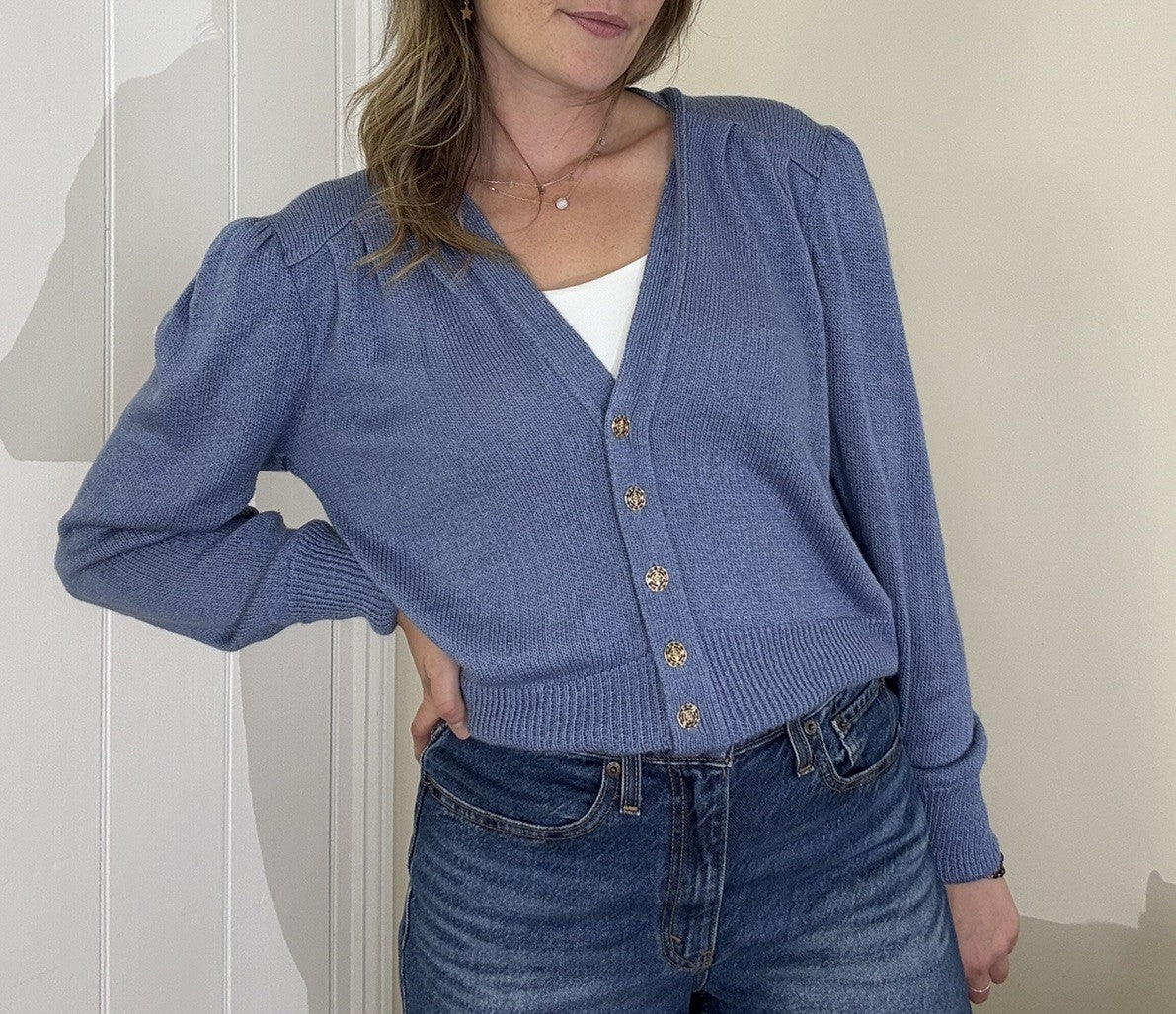 Vintage 80s Size M 12-14 Cornflower Blue V-Neck Knit Cardigan by St Michael