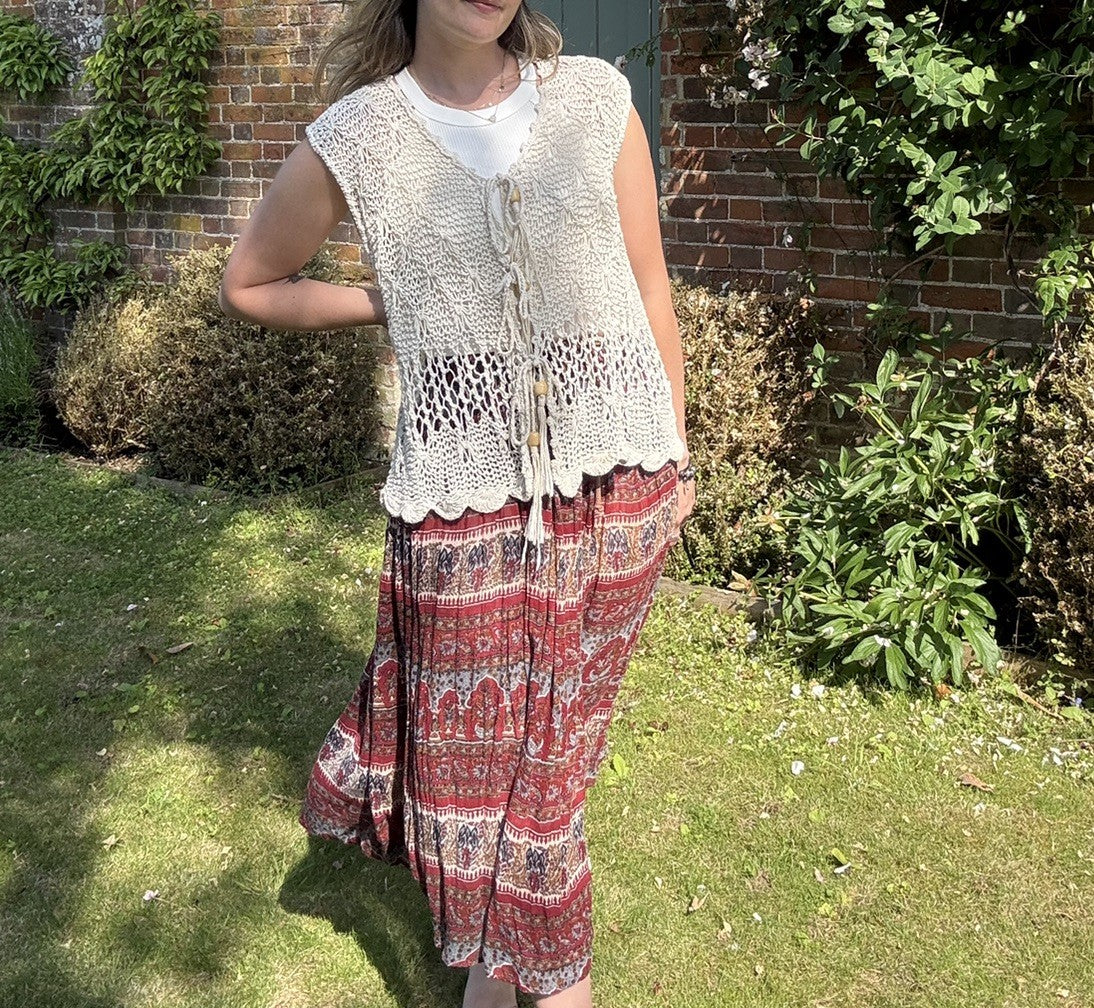 Vintage XL 16-22 Cream Cotton Knit Boho Vest/Waistcoat Kennington Ladies