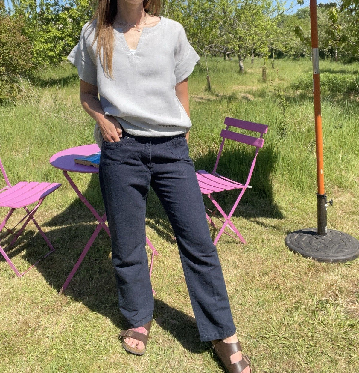 Vintage 90s Size 8 Navy Linen Cotton Blend Mid Waist Trousers Angels