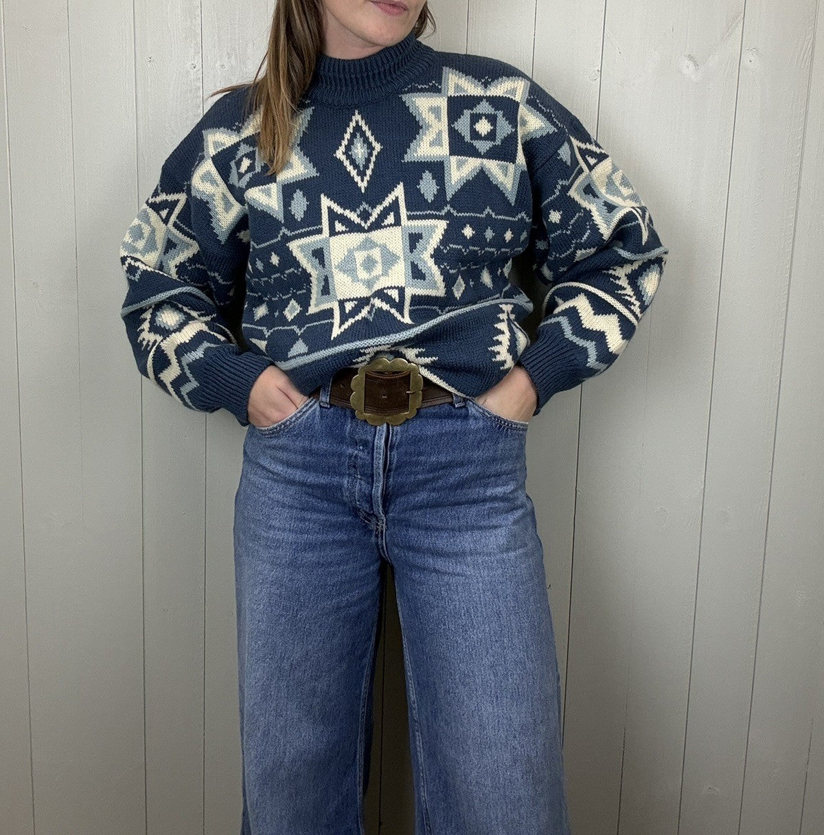 Vintage Size L 12-16 Blue Patterned Wool Blend Chunky Knit Jumper