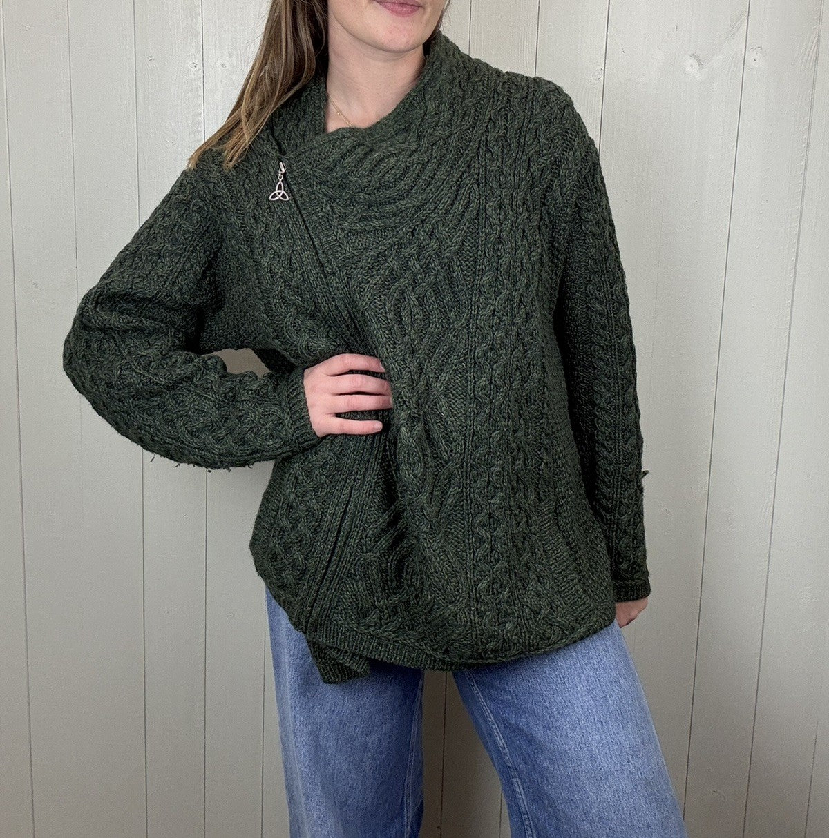 Size 2XL 16-20 Dark Green Merino Wool Chunky Knit Aran Sweater Jumper Arancrafts