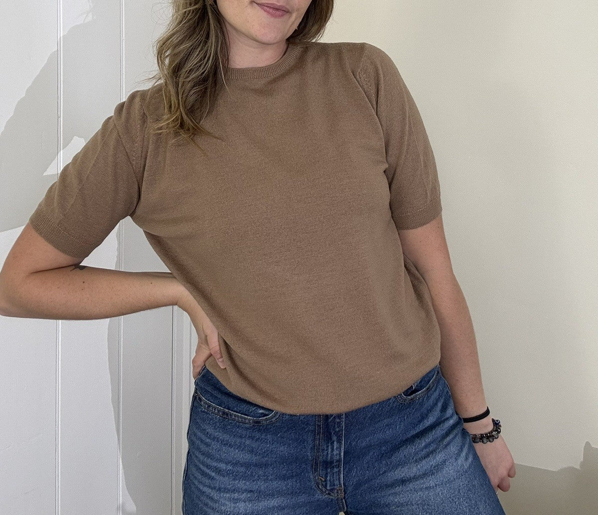 Vintage Size L 14-18 Camel Brown Short Sleeve Knit Pure New Wool Jumper Donbros