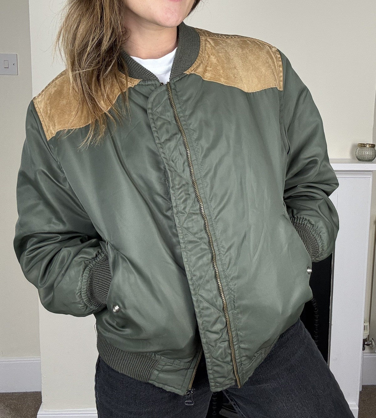 Vintage Size S 6-10 Khaki Green Embroidered Back Padded Bomber Jacket