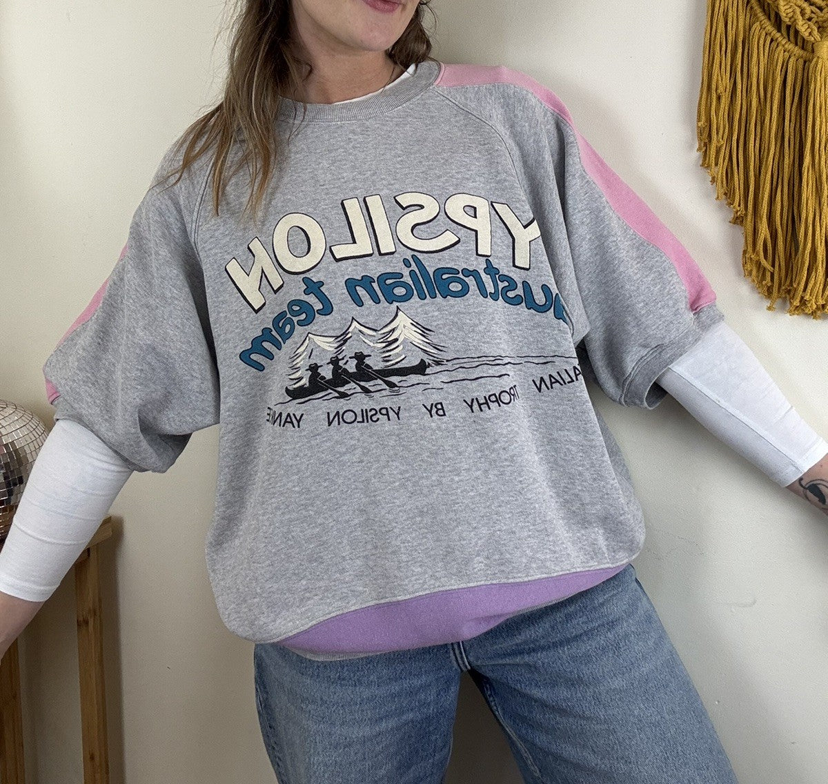 Vintage Free Size 8-18 Grey Pink Colourblock Short Sleeve Sweatshirt Ypsilon
