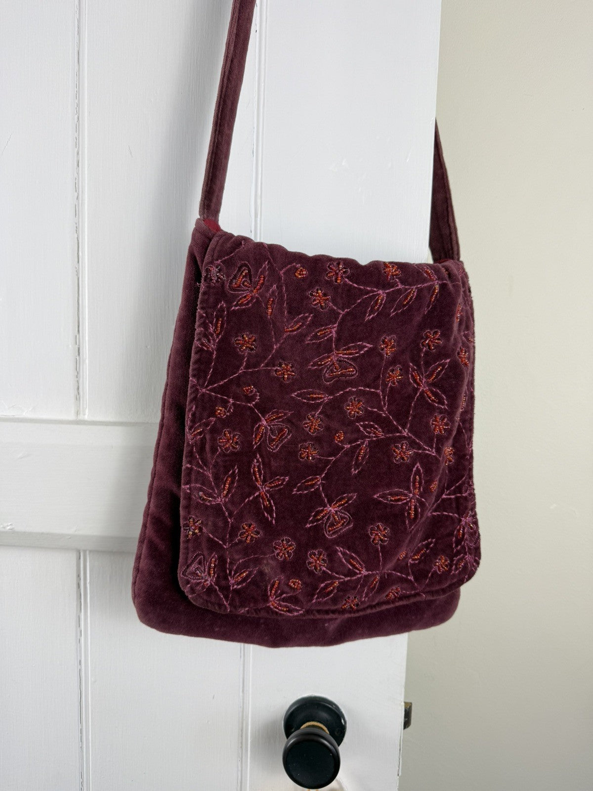 Vintage 90s Burgundy Whimsical Fairy Beaded Embroidered Bag Carrenac
