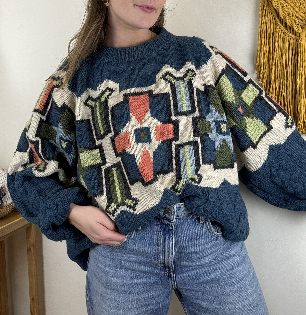 Vintage Size 3XL 16-24 Blue Patterned Chunky Knit Shetland Wool Jumper