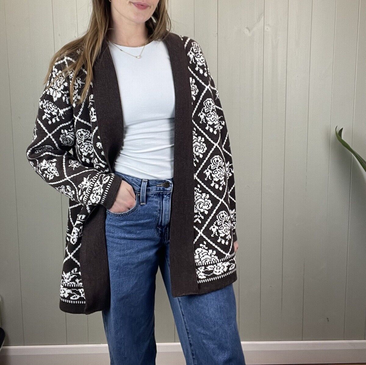 90s Size 3XL 14-20 Brown Cottage Patterned Knit Cardigan Littlewoods