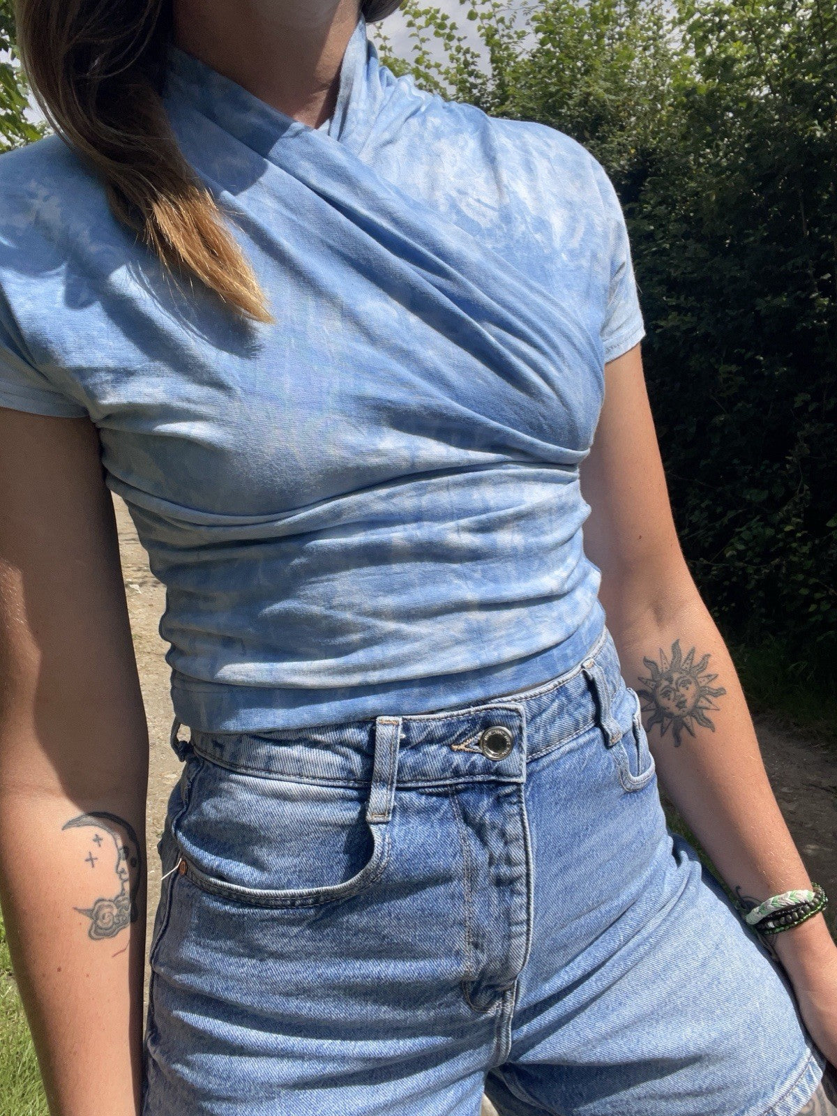 Vintage Size S 6-10 Blue Tie Dye Short Sleeve Cotton Wrap Top Whistles