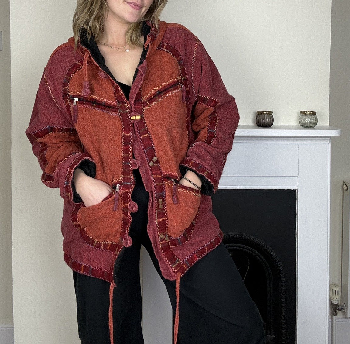 Vintage Size L 8-12/14 Red Orange Boho Hippy Cotton Hoody Jacket