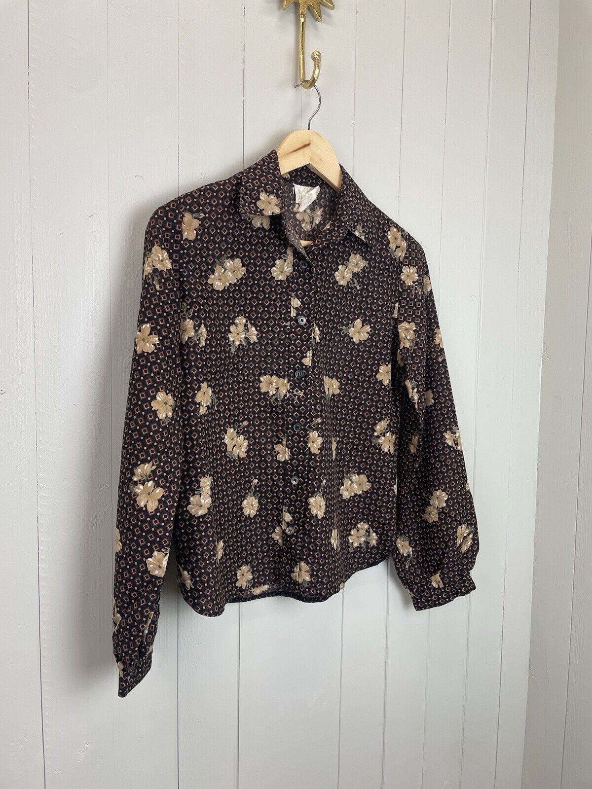 Vintage 70s Size S 6-10 Brown Geo Floral Patterned Shirt Blouse Vivo