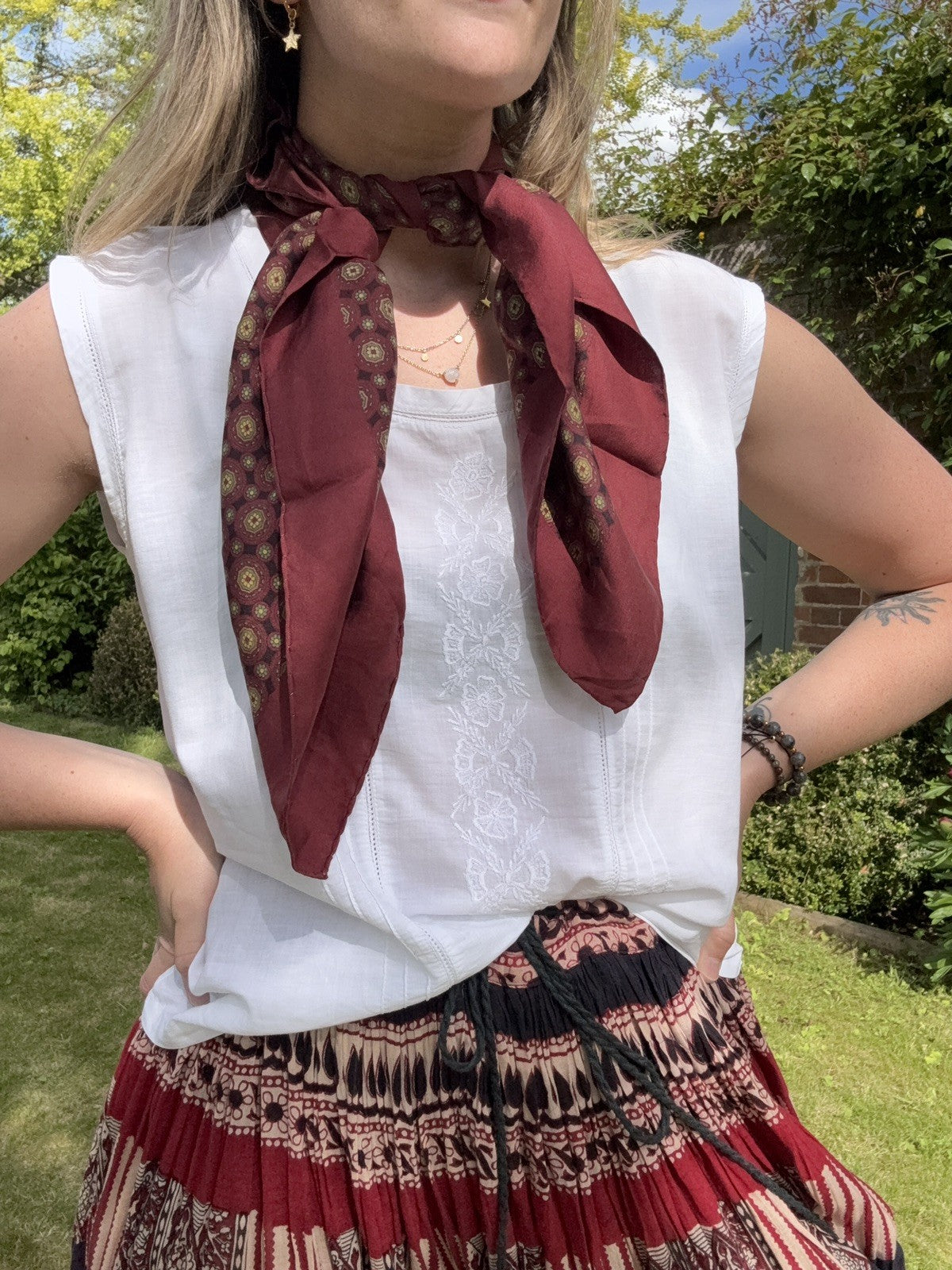 Vintage Burgundy Maroon Patterned Neck Scarf Bandana
