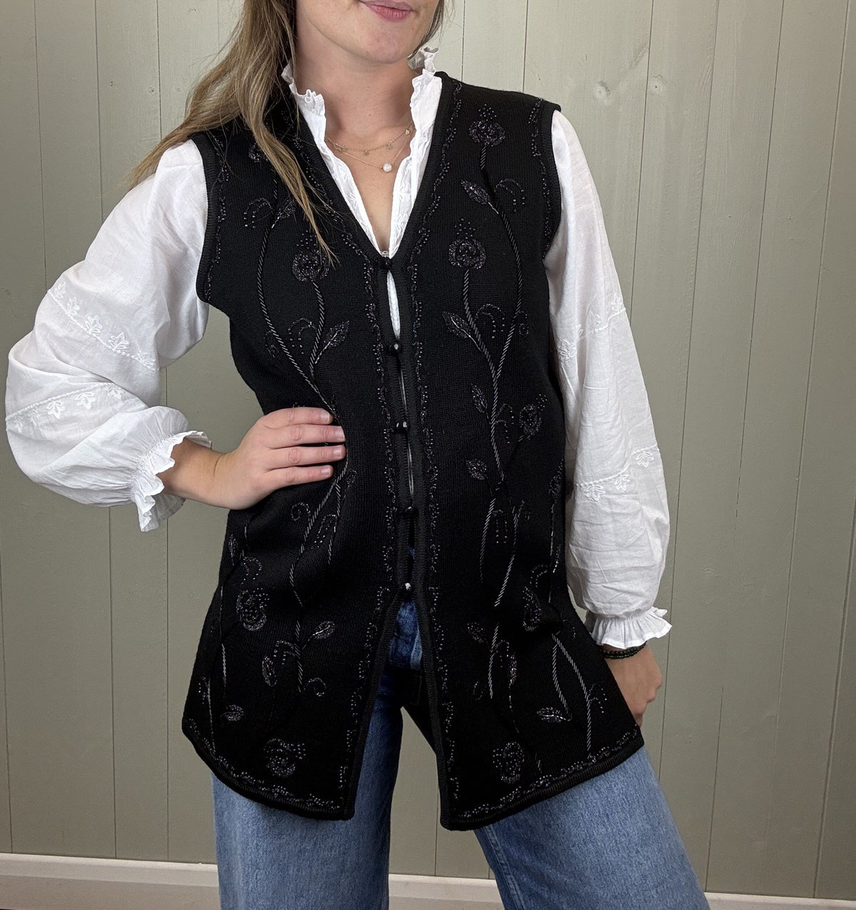 Vintage 90s Size M 10-14 Black Beaded Knit Vest Waistcoat St Michael