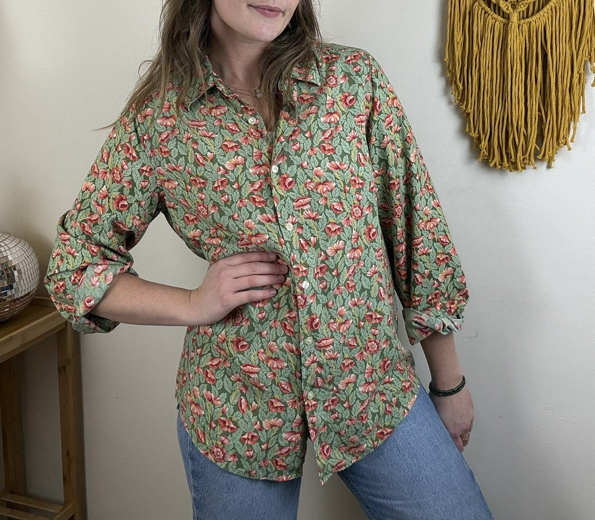Vintage Size 8-12 Green Pink Floral 100% Silk Shirt Orvis