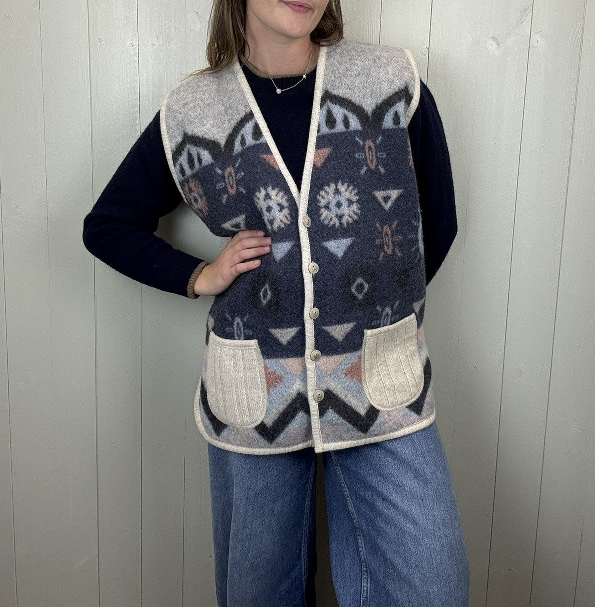 Vintage Size XL 14-18 Navy Patterned Knit Vest Waistcoat Miss Amourelle