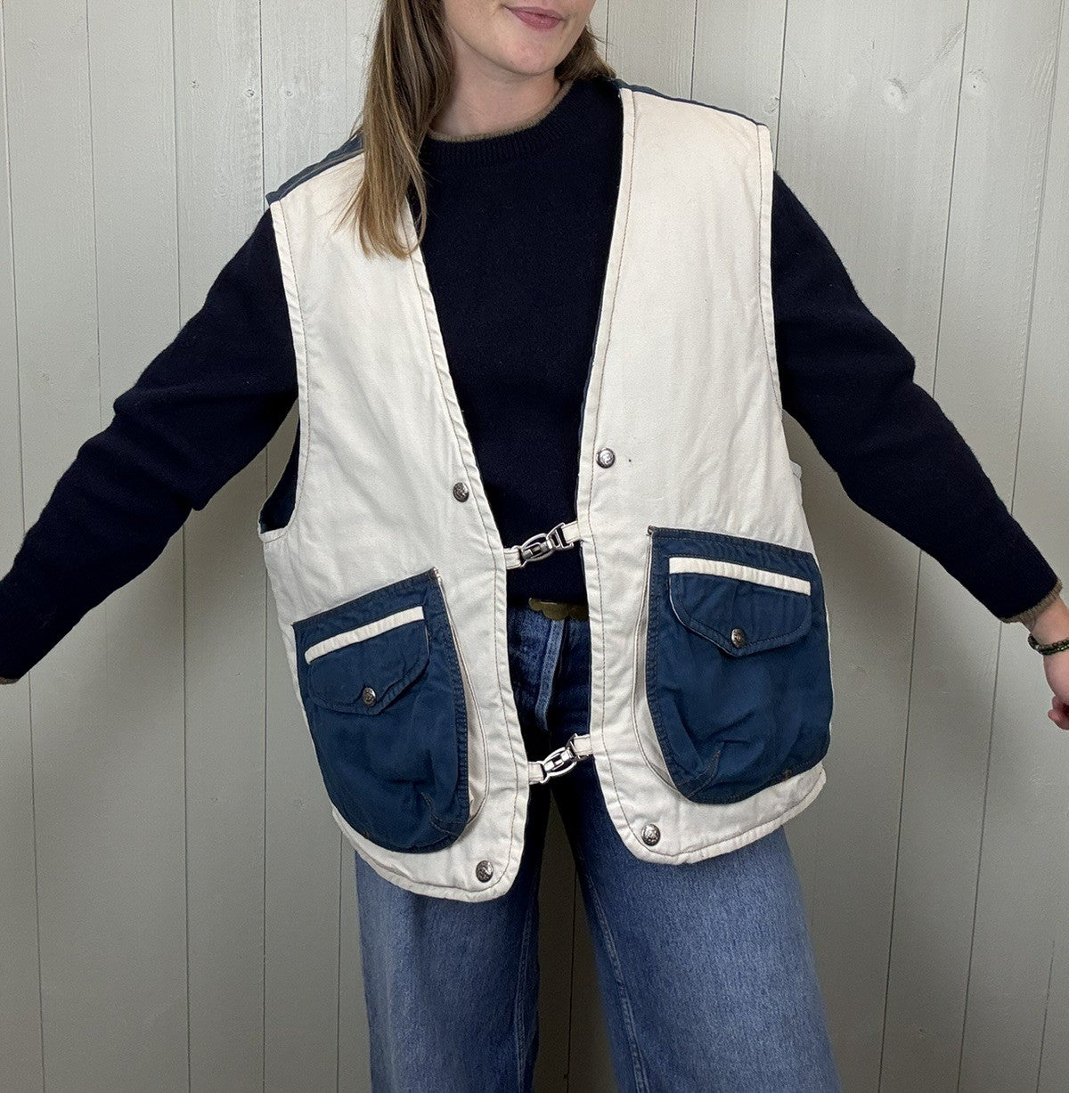 Vintage Size 3XL 18-22 Navy Cream Fisherman Utility Gilet Polbot
