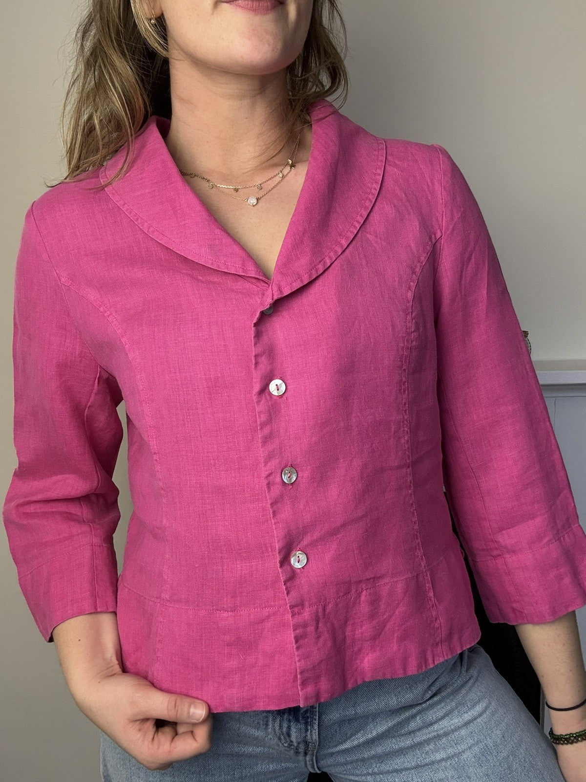 Vintage Size M 10-12 Pink 100% Linen Button Front Blouse Fragile