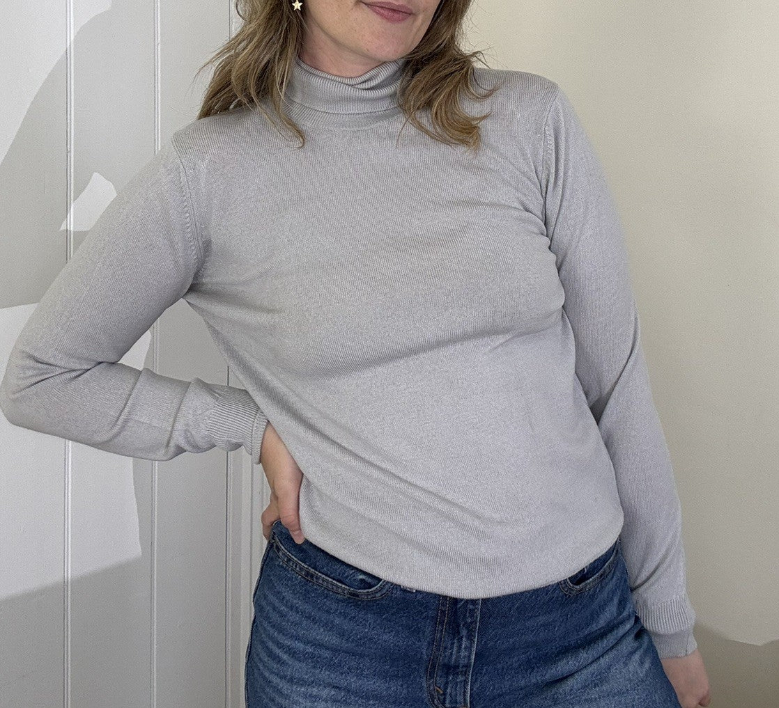 Vintage Size M 12-14 Pearl Grey Fine Knit Pure Wool Roll Neck Jumper St Michael