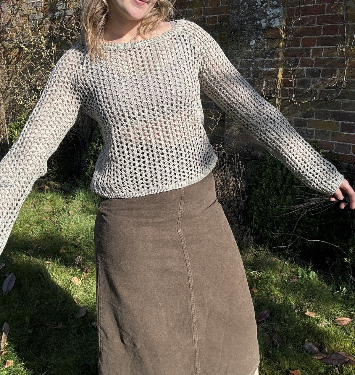 Vintage Size S 6-10 Taupe Cotton Blend Open Weave Knit Jumper