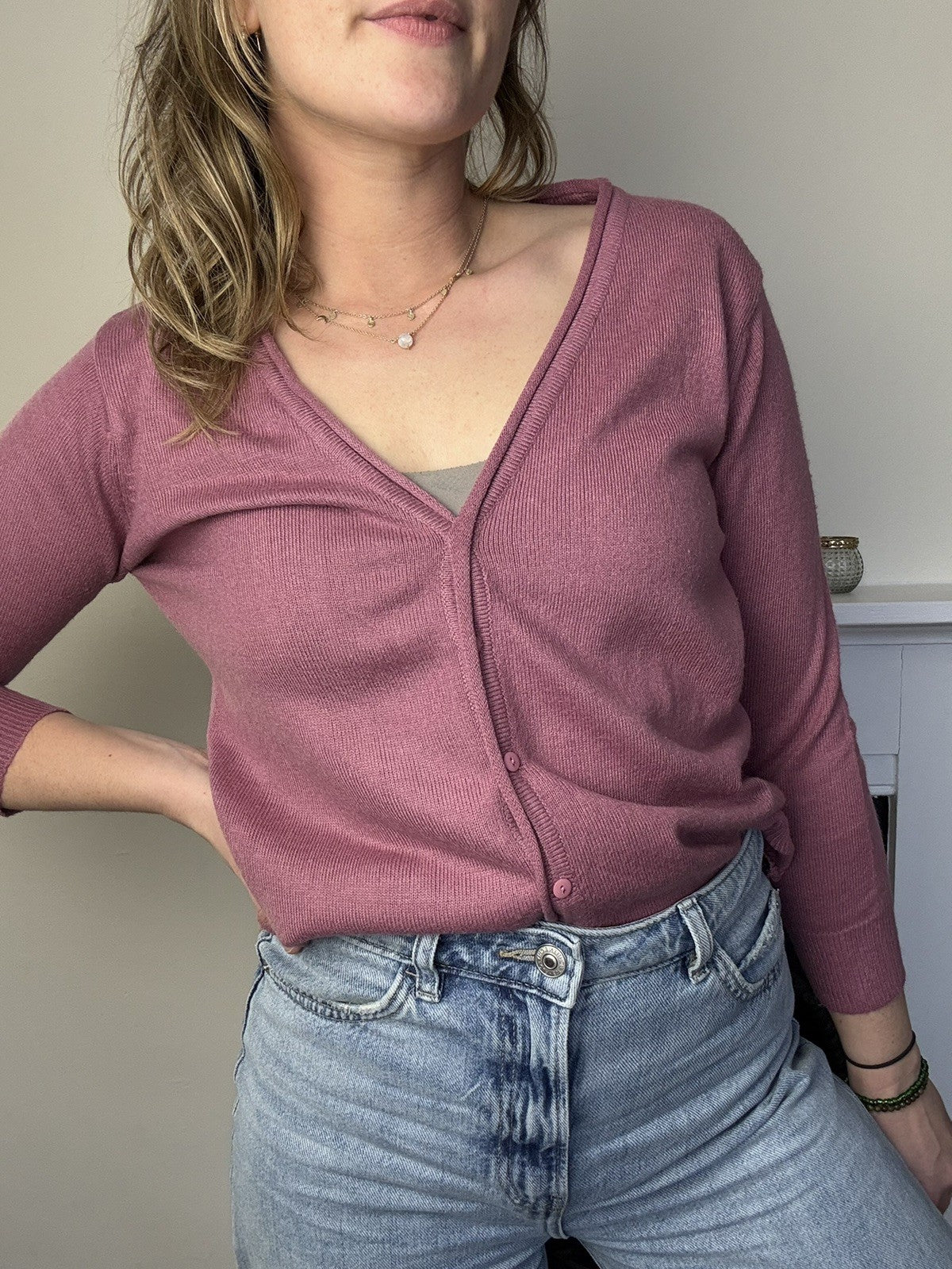 Vintage Size M 8-12 Heather Pink Fine Knit V-Neck Cardigan Classics