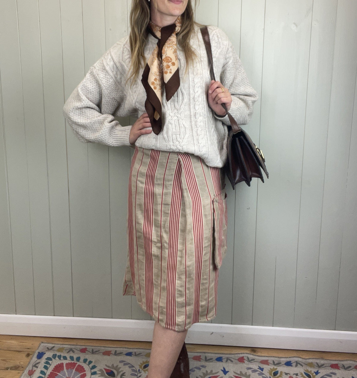 Size 12/14 Oatmeal Red Striped Patch Pocket Asymmetric Midi Skirt TOAST