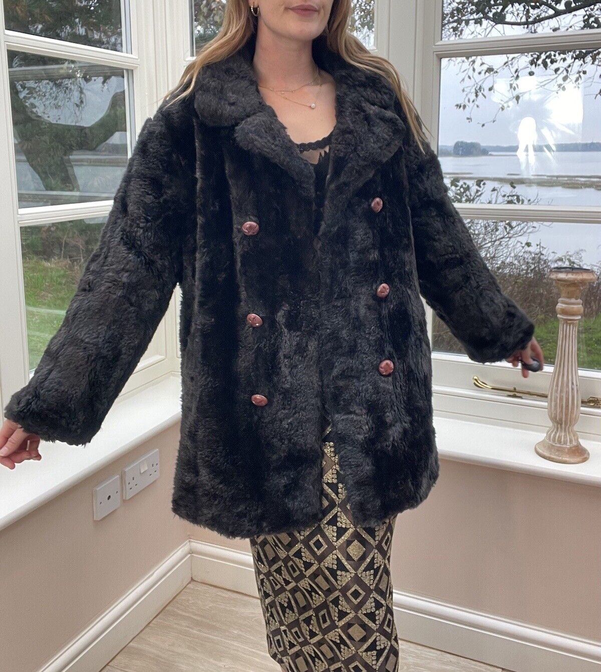 Vintage 70s Size L 12-18 Brown Faux Fur Coat Pride Of Canada