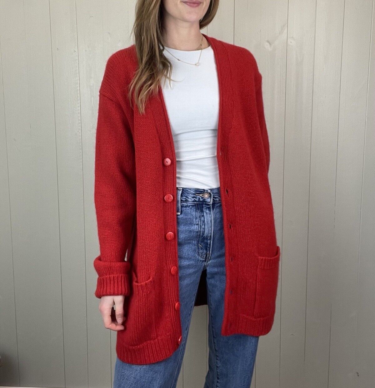 Vintage Size M 8-12 Red 70% Shetland Wool Chunky Knit Cardigan St Michael