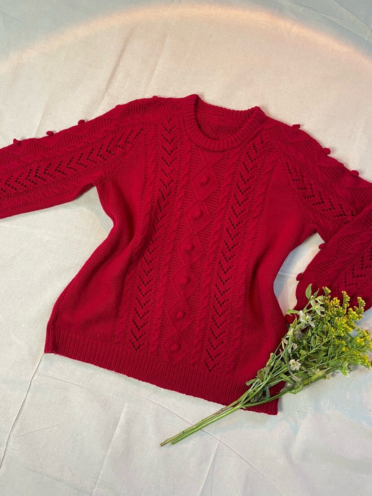 Vintage Size L 12-14 Red Pointelle Knit Hand Knitted Jumper