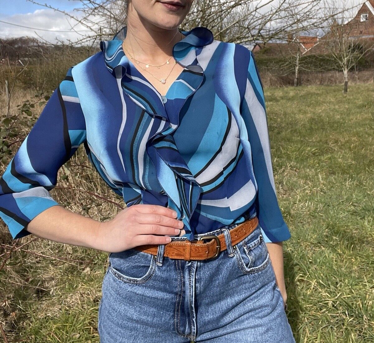Vintage Size S 6-10 Blue Swirl Patterned Ruffle Blouse Top Roman Originals