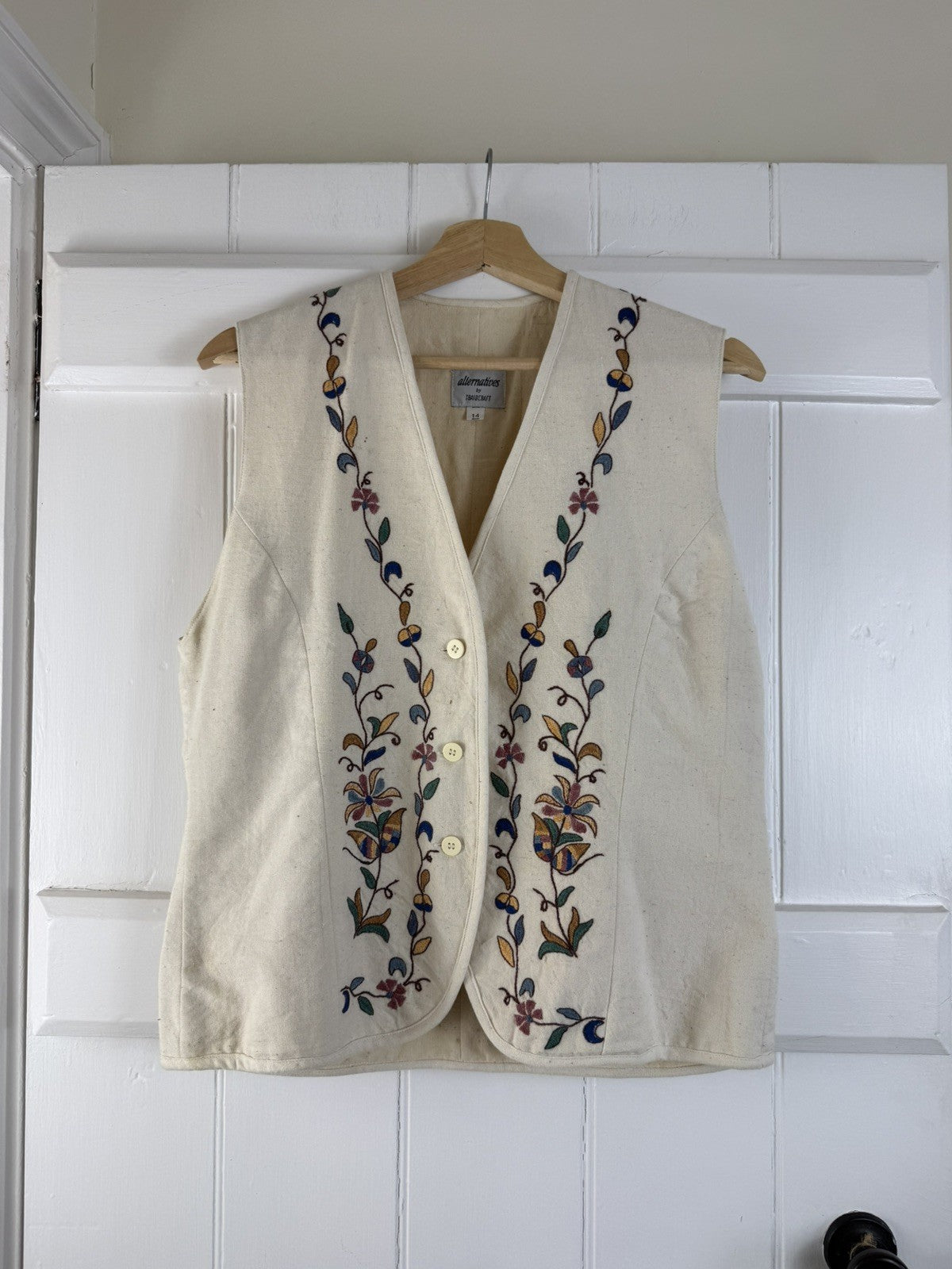 Vintage Size M 10-14 Cream Ecru Cotton Embroidered Button Waistcoat Traidcraft