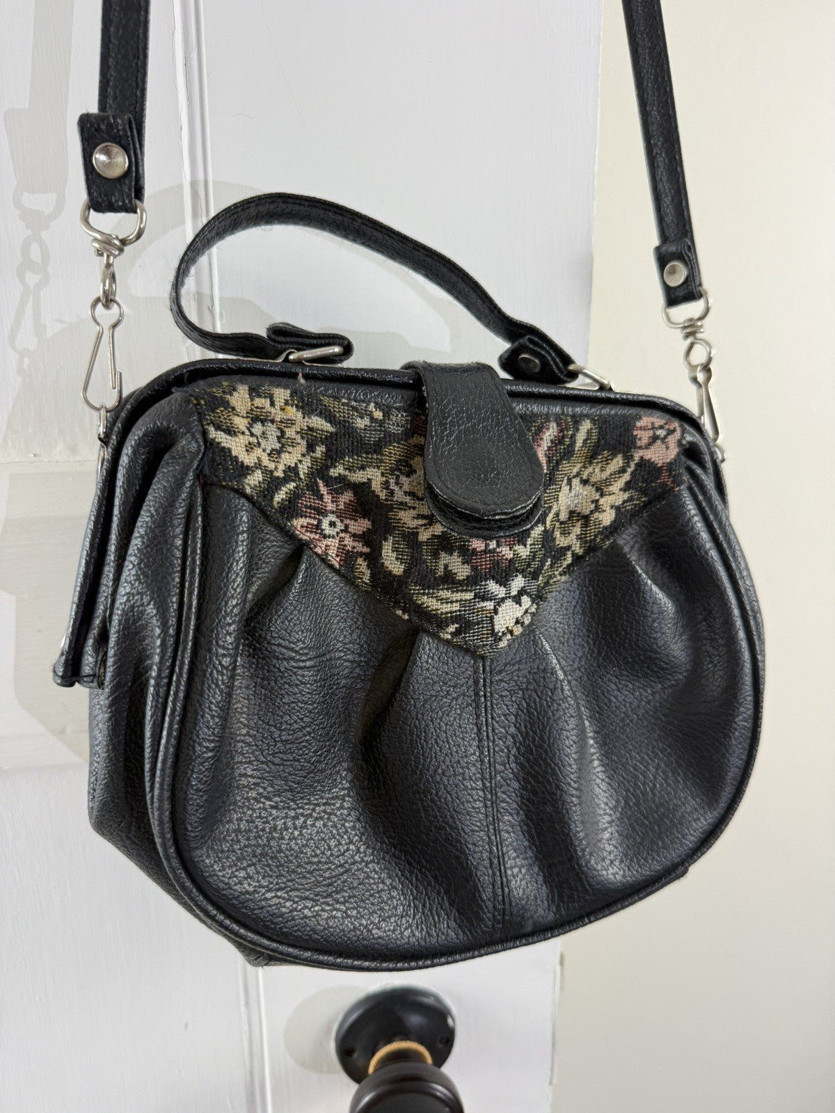 Vintage 80s Black Leather with Floral Tapestry Detail Bag by Vanguard
