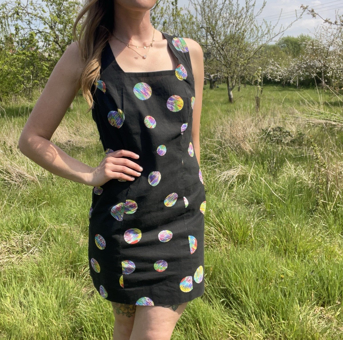Vintage Size XS 6-8 Black Funky Space Patterned Mini Dress