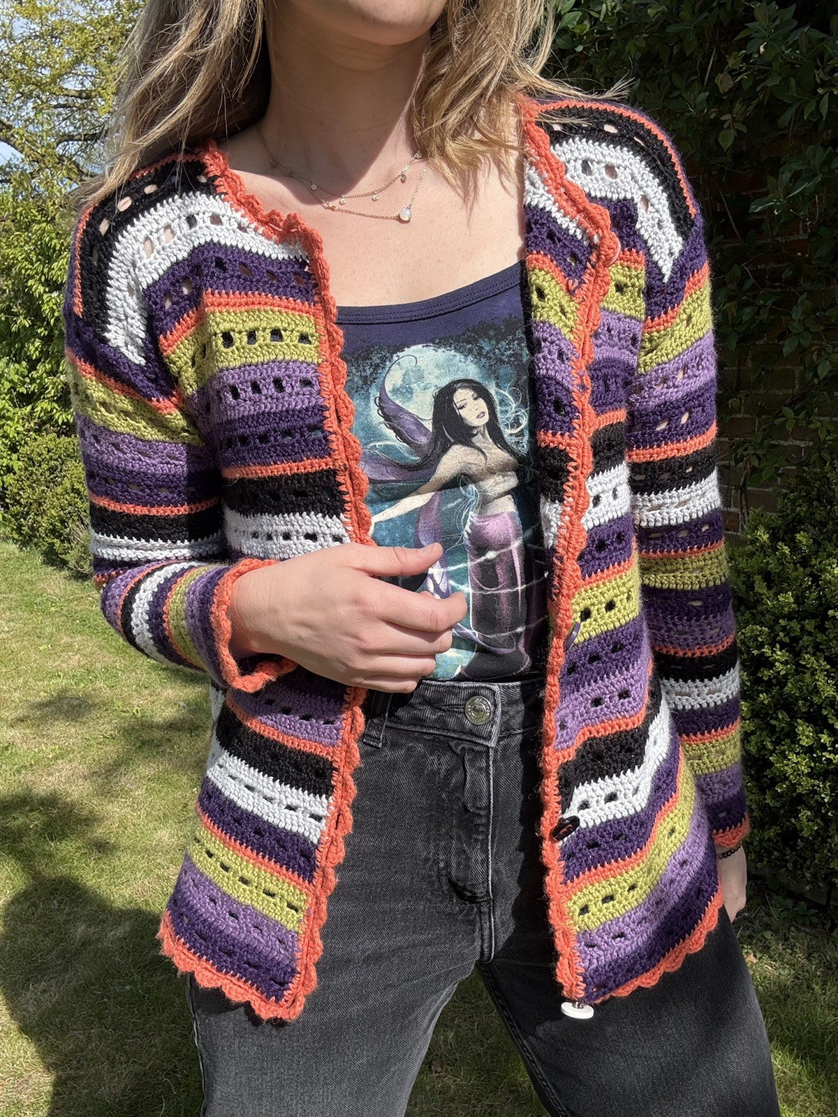 Vintage Size S 6-10 Purple Multi Striped Crochet Knit Cardigan