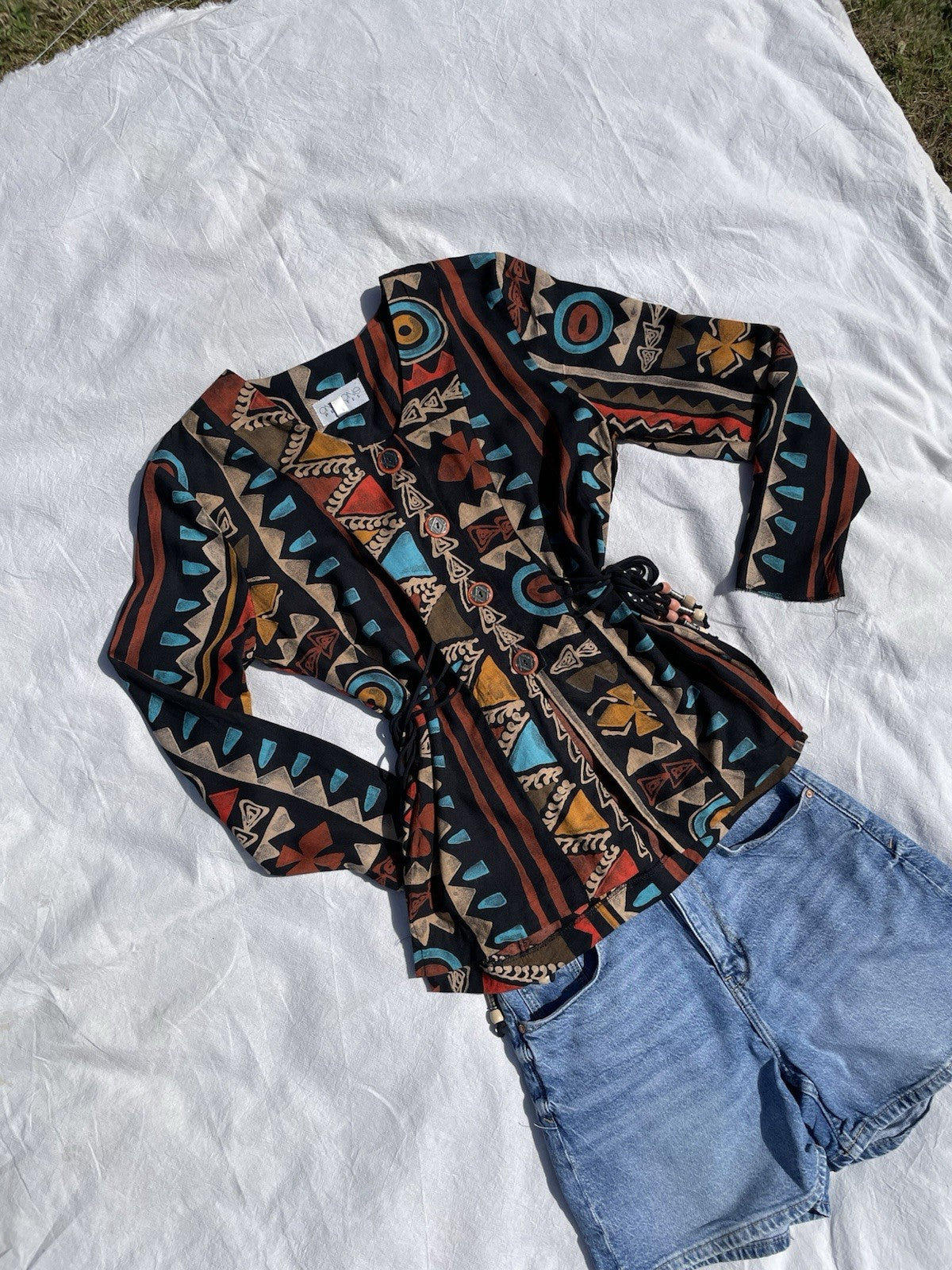 Vintage Size M 8-12 Black Funky Boho Patterned Beaded Blouse One + One