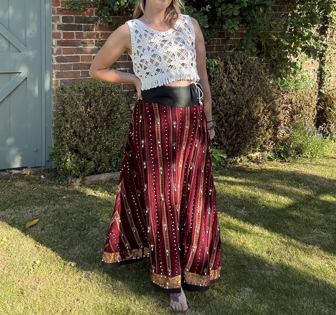 Vintage Free Size 8-16 Brown Boho Beaded Adjustable Maxi Skirt