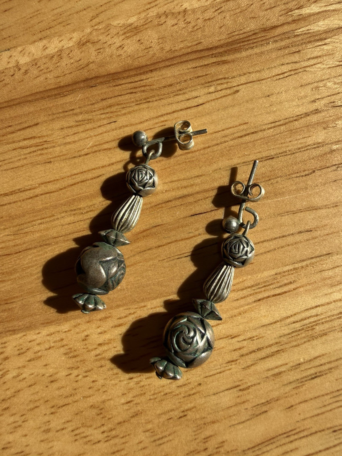 Vintage Silver Rose Drop Earrings
