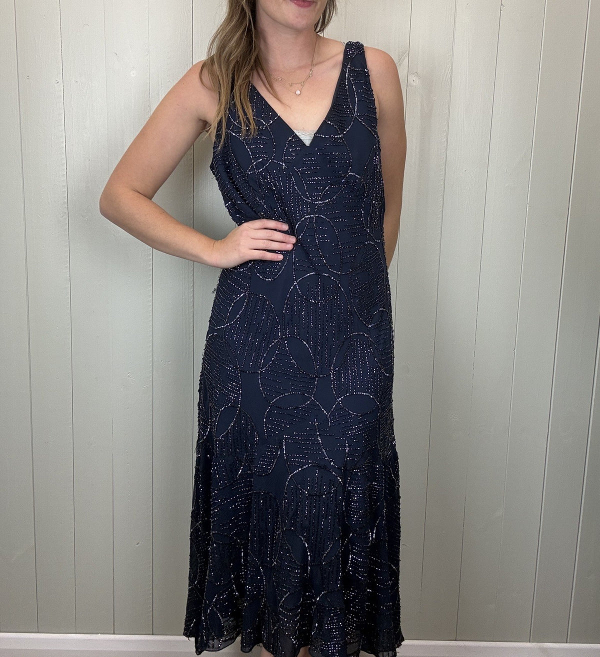 Vintage Size 14 Dark Navy Beaded Embellished Midi Slip Dress Pomodoro