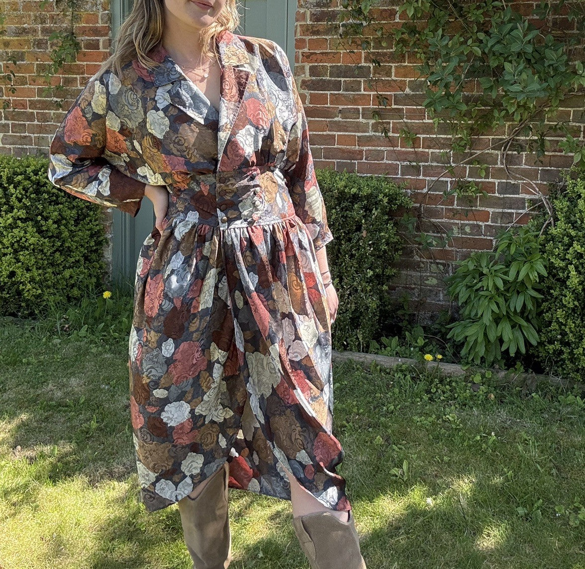 Vintage 80s Size 14 Earthy Floral Long Sleeve Dress Berkertex