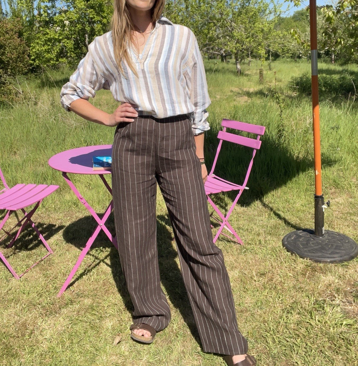 Vintage Size L 10-14 Brown Pinstripe 100% Linen Straight Leg Trousers Hobbs