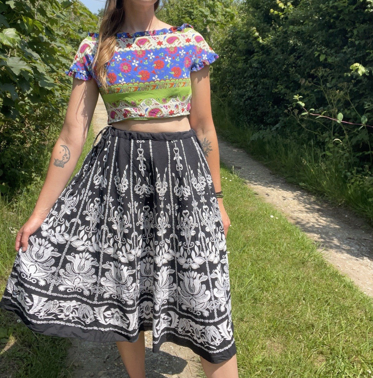 Vintage Free Size 8-18 Black Boho Hippy Patterned Summer Skirt
