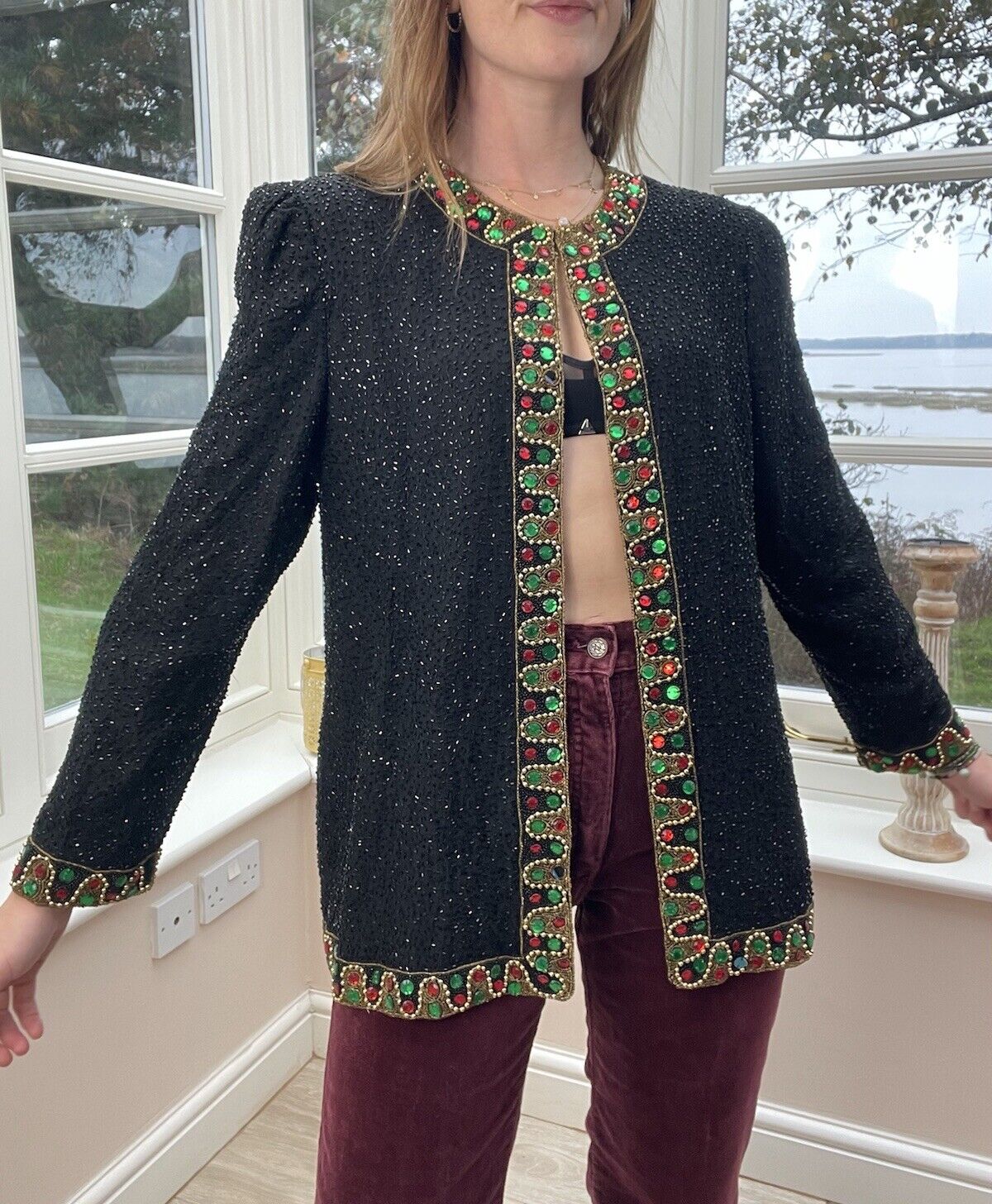 Vintage Size M 6-12 Black 100% Silk Beaded Festive Jacket Creative Creations