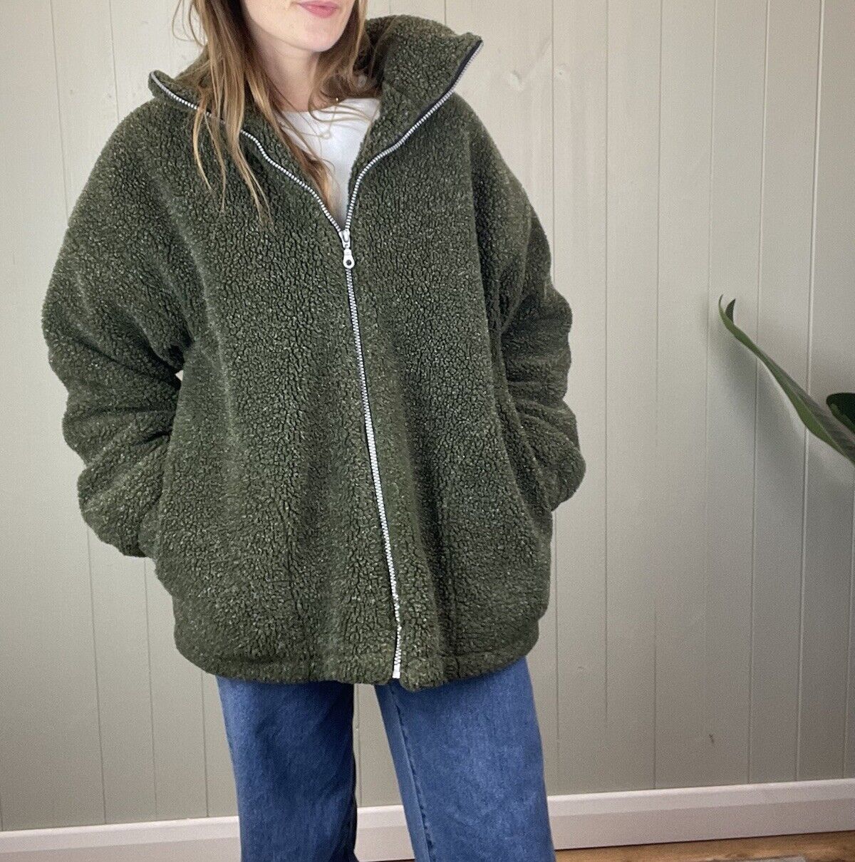 Size 2XL 16-18 Khaki Green Full Zip Chunky Sherpa Fleece