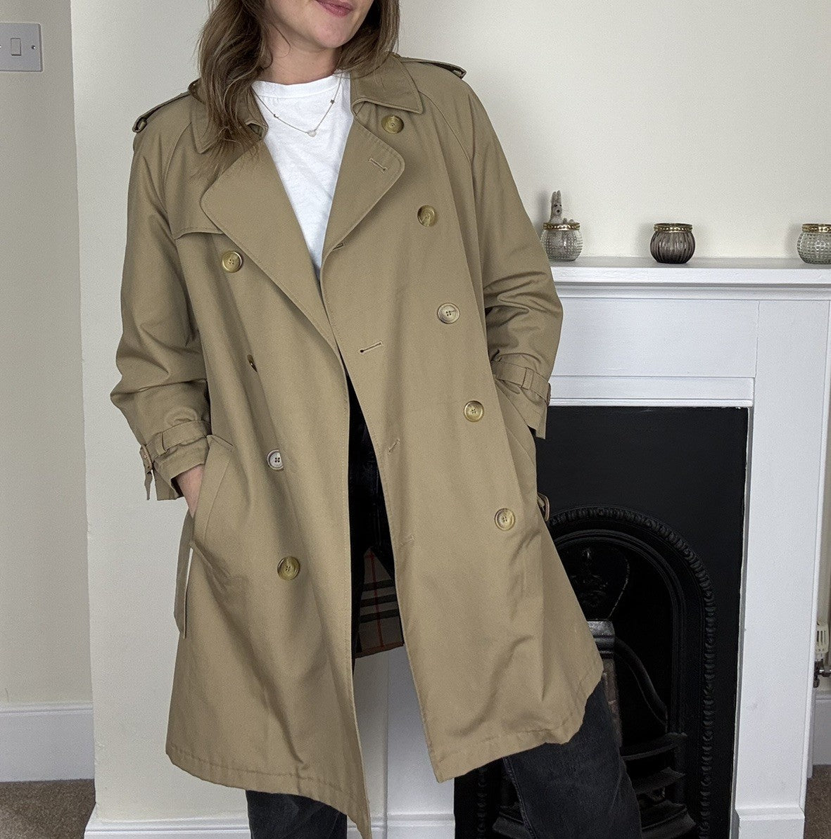 Vintage Size M 8-12 Classic Beige Camel Belted Mac Trench Coat C&A