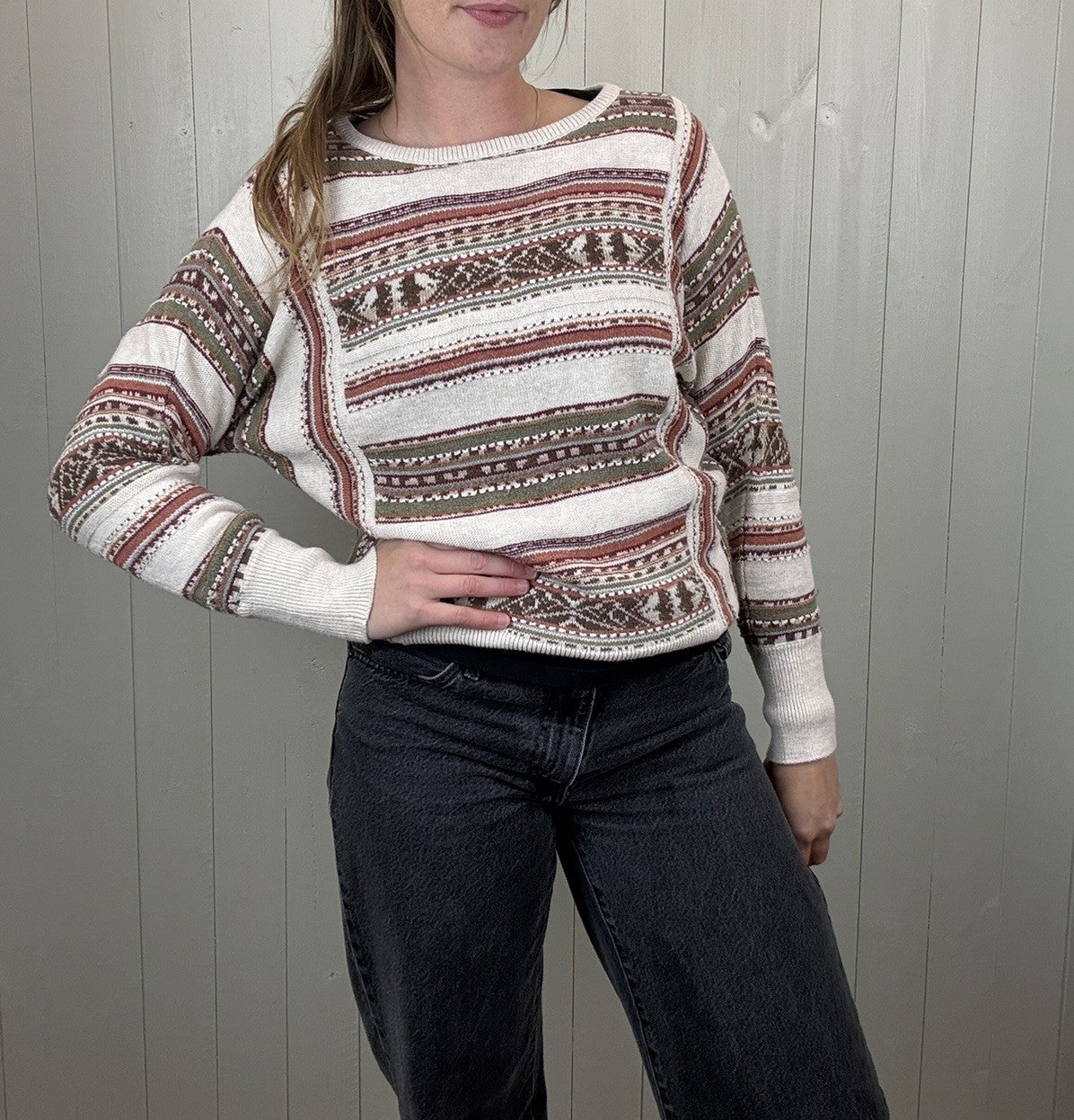 Vintage Size M 8-12 Cream Boho Patterned Cotton Linen Knit Jumper Chaps