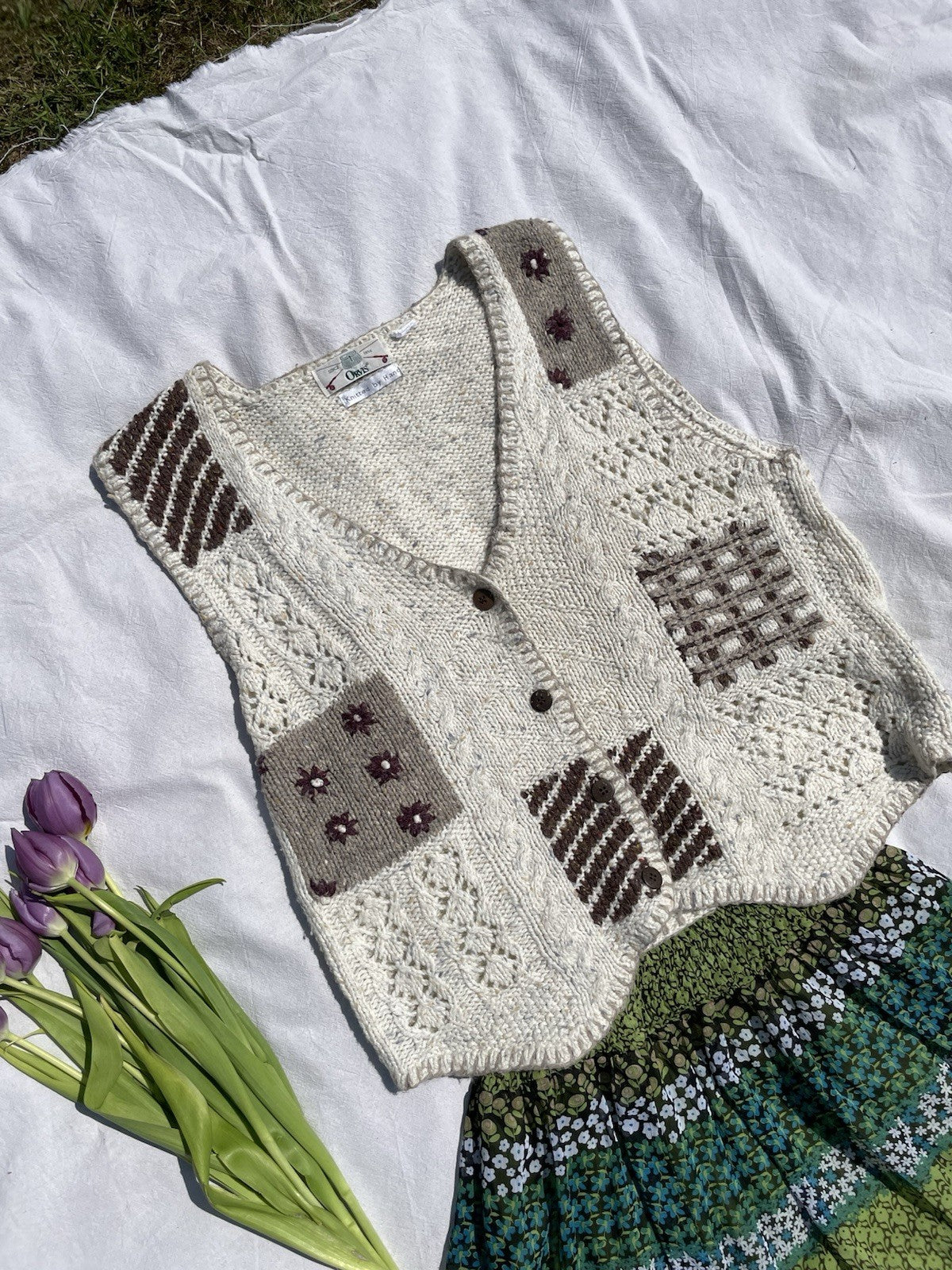 Vintage Size XL 14-18 Oatmeal Patchwork Knit Vest Waistcoat Orvis