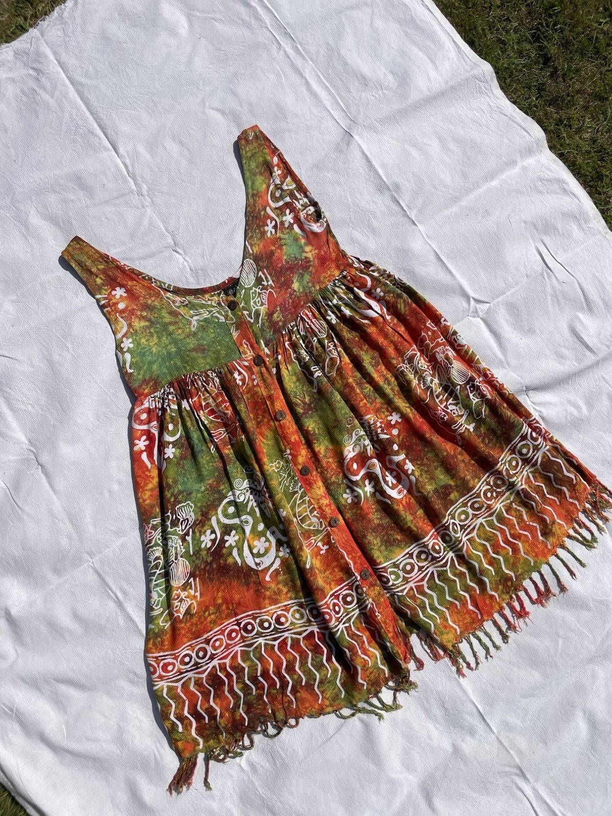 Vintage 90s Size M 10-12 Orange Tie Dye Tasseled Boho Summer Dress Batik